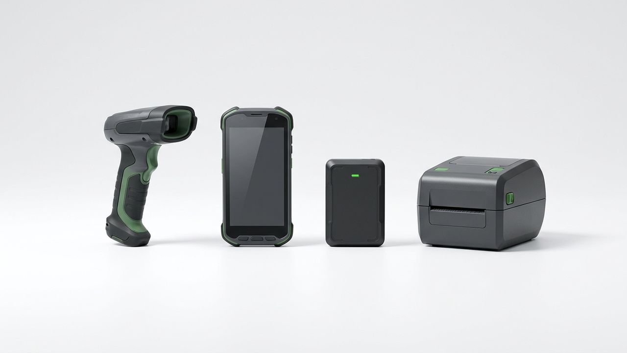 Handheld barcode scanner and RFID reader capturing labelled inventory cartons.