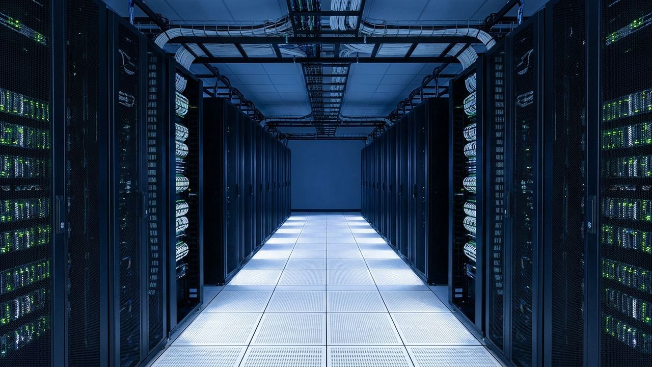 Data centre aisle with server racks, structured cabling and cooling infrastructure.