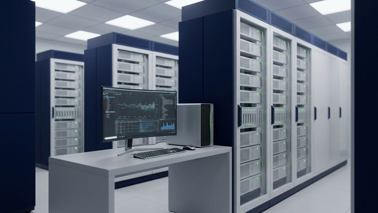 Rack-mounted enterprise servers beside a high-performance workstation in a clean server room.