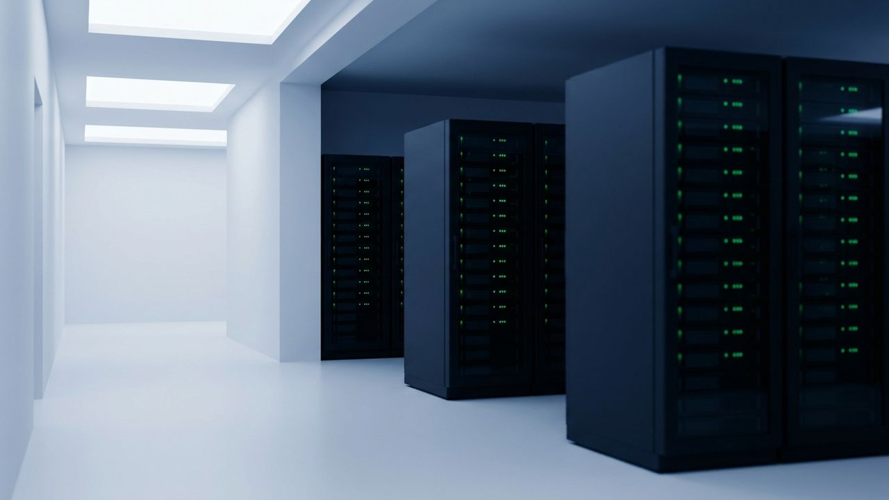 Enterprise data centre with rows of server racks and network infrastructure in a modern facility.