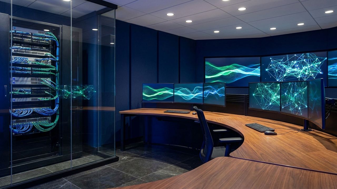 Network switches with patch cabling alongside a security operations dashboard.