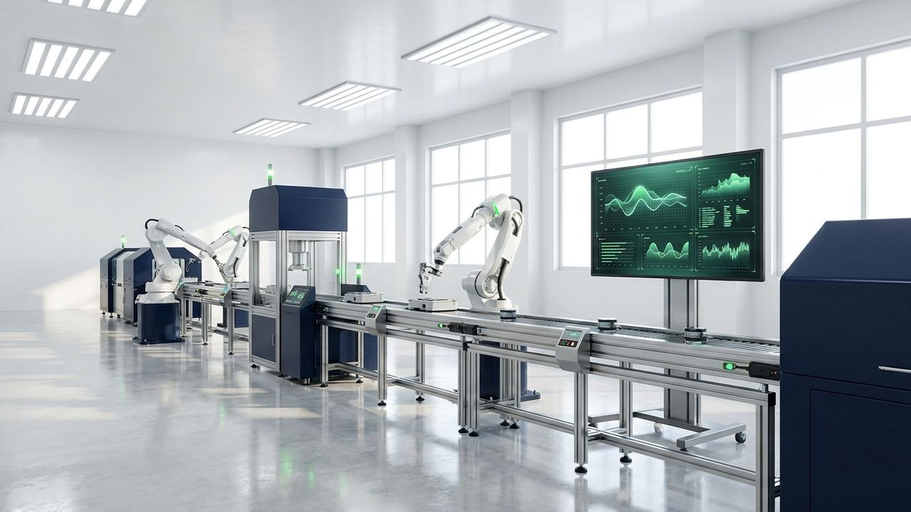 Automated manufacturing line with robotic arms and connected machine monitoring.