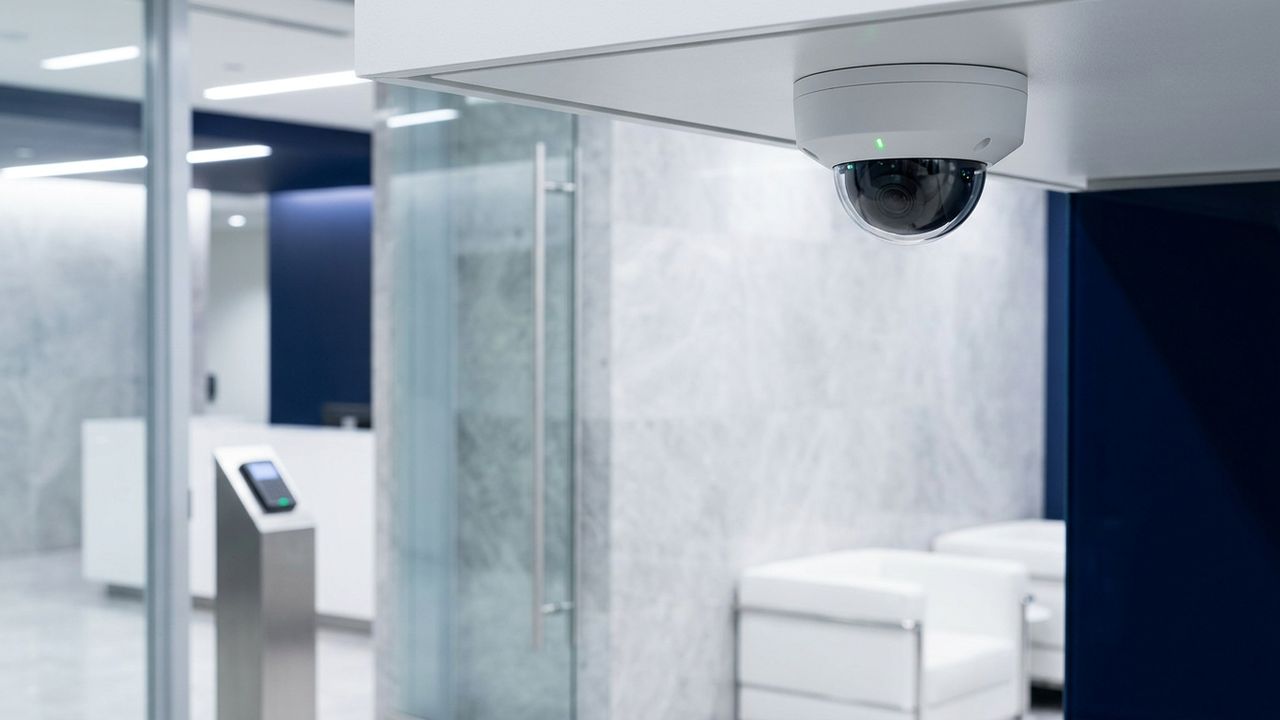 IP surveillance cameras and a multi-feed monitoring wall in a security control room.
