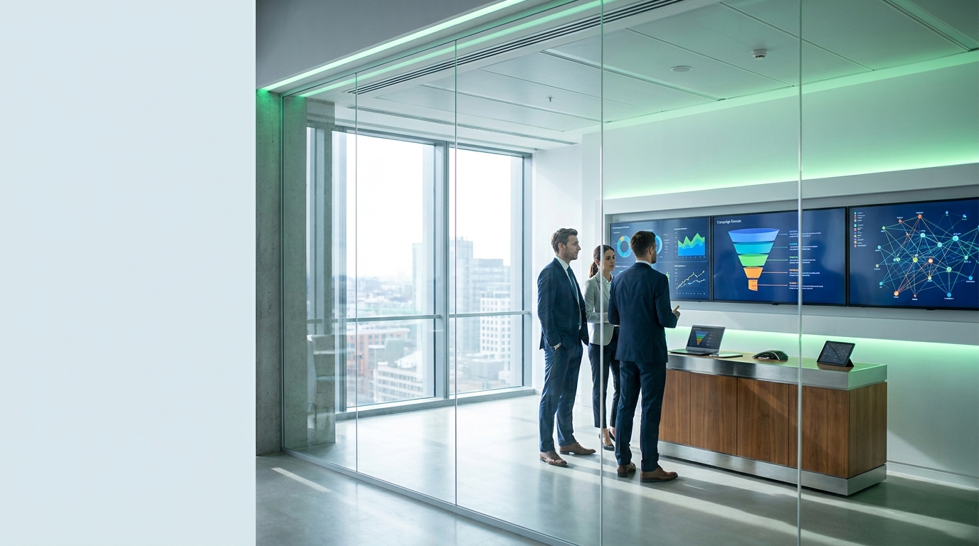 Marketing team reviewing B2B technology campaign performance